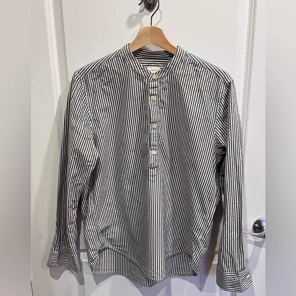 Sandro White & Blue Pinstripe Collarless Blouse, Women’s M